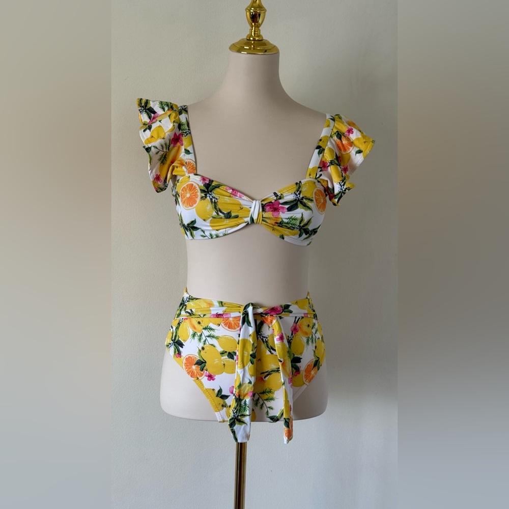 Floral Ruffle Bikini Set Yellow Size S Orange Lemons